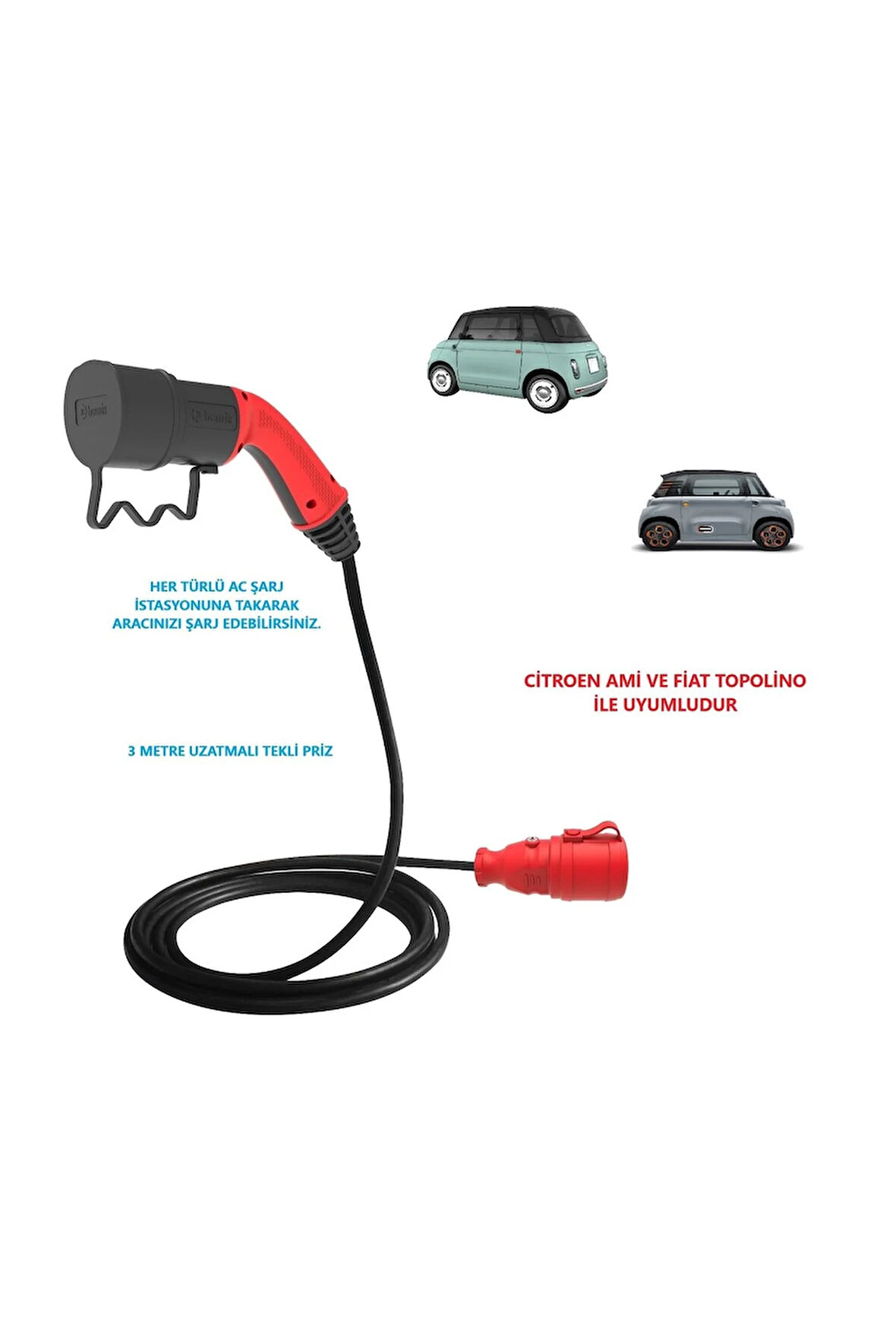 Bemis Citroen Ami ve Fiat Topolino, 3 Metre Uzatmalı, Ac Şarj Kablosu C2L ( Tekli-Ikili-Üçlü Priz Seçenekli)