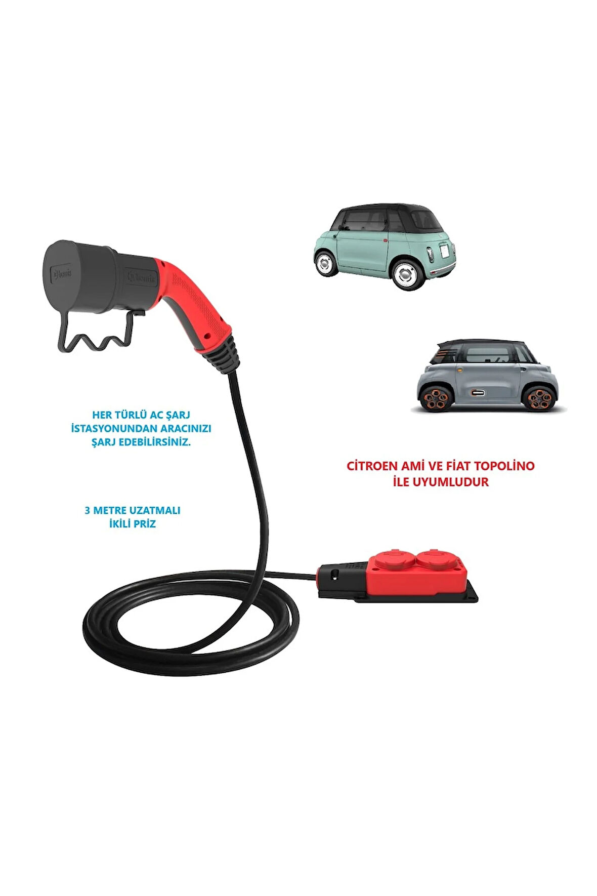 Bemis Citroen Ami ve Fiat Topolino, 3 Metre Uzatmalı, Ac Şarj Kablosu C2L ( Tekli-Ikili-Üçlü Priz Seçenekli)