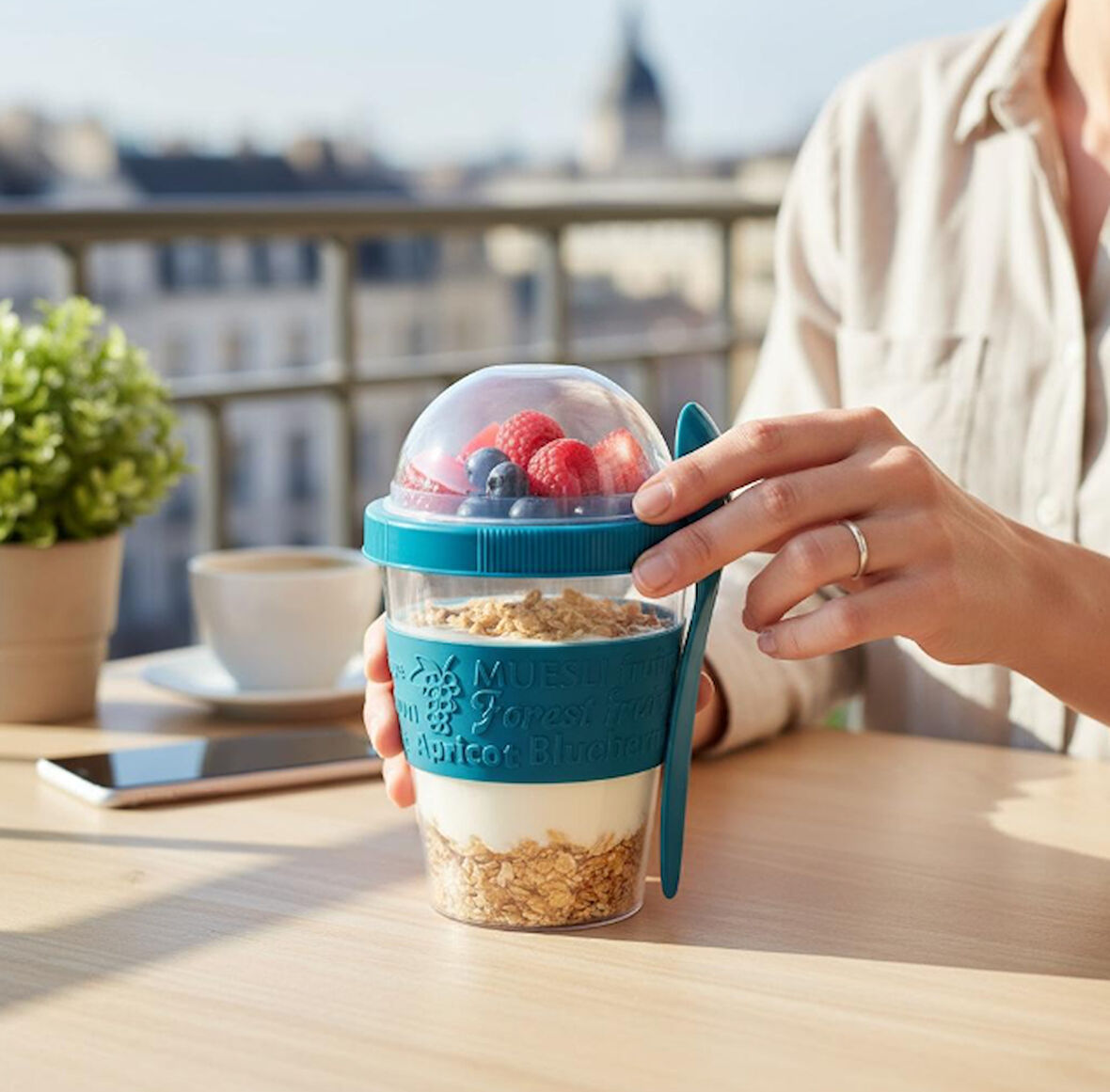 Titiz 600 ml Kaşıklı Yoğurt & Müsli Kabı - Taşınabilir Kase - Mavi
