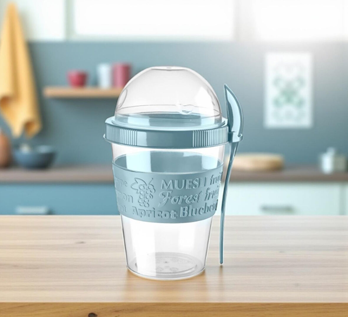 Titiz 600 ml Kaşıklı Yoğurt & Müsli Kabı - Taşınabilir Kase - Açık Mavi