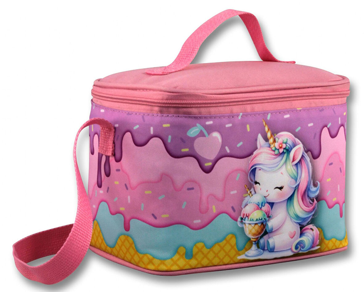 Ümit Çanta Termoslu/Isı Yalıtımlı Beslenme Çantası - 5004 - Dondurma Yiyen Unicorn, Mor Pembe (Kız Çocuk)