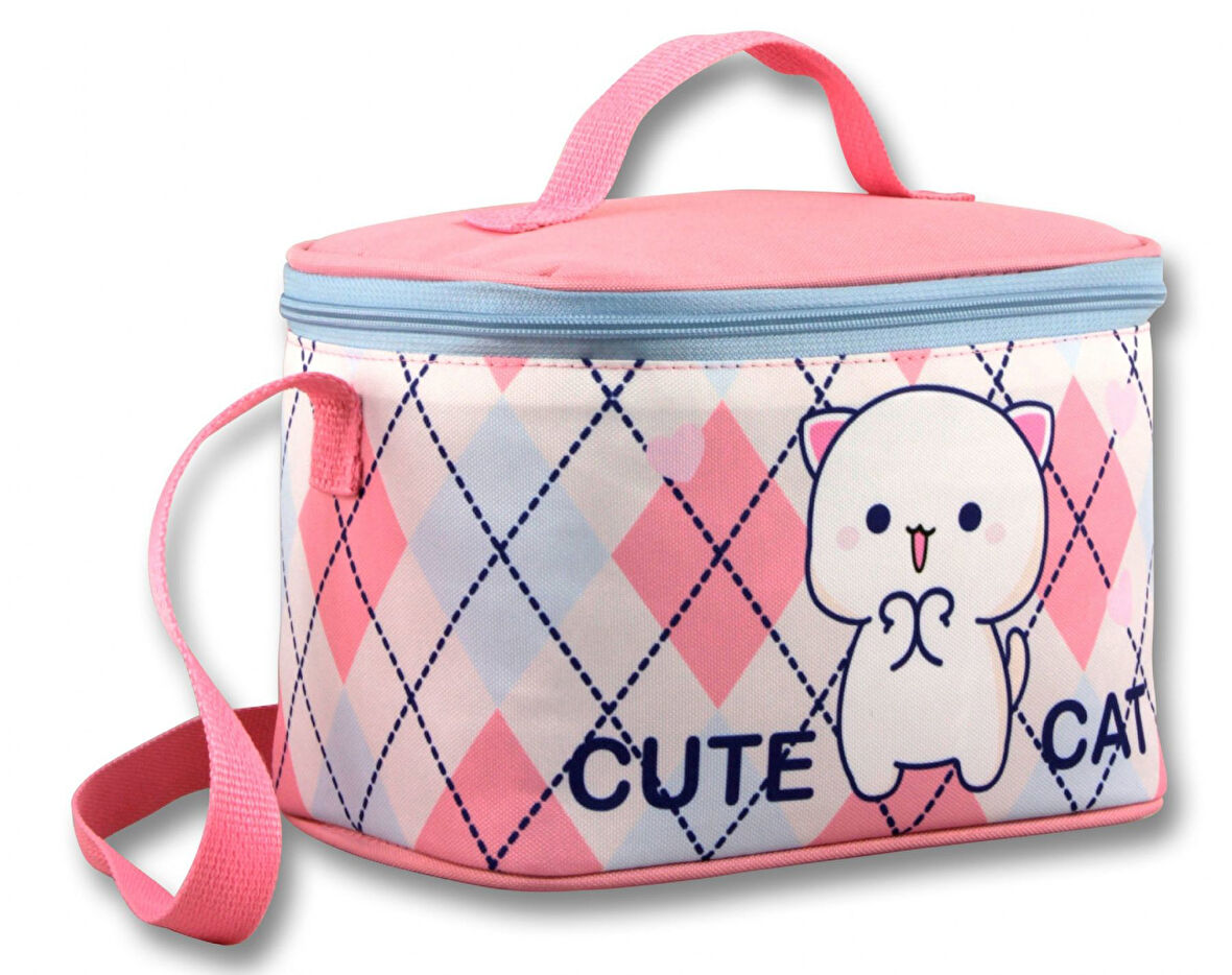 Ümit Çanta Termoslu/Isı Yalıtımlı Beslenme Çantası - 5025 - Love Cute Cat, Beyaz Pembe (Kız Çocuk)