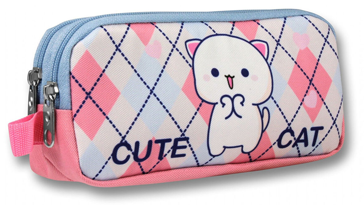Ümit Çanta Beyaz Pembe Love Cute Cat Desenli Kalem Çantası - Kız Çocuk - 5026