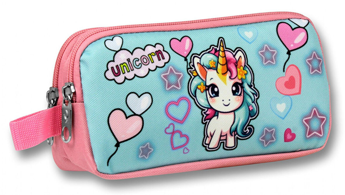 Ümit Çanta Kız Çocuklar İçin İki Bölmeli Bebek Unicorn Baskılı Kalemlik - Pembe Turkuaz - 5050