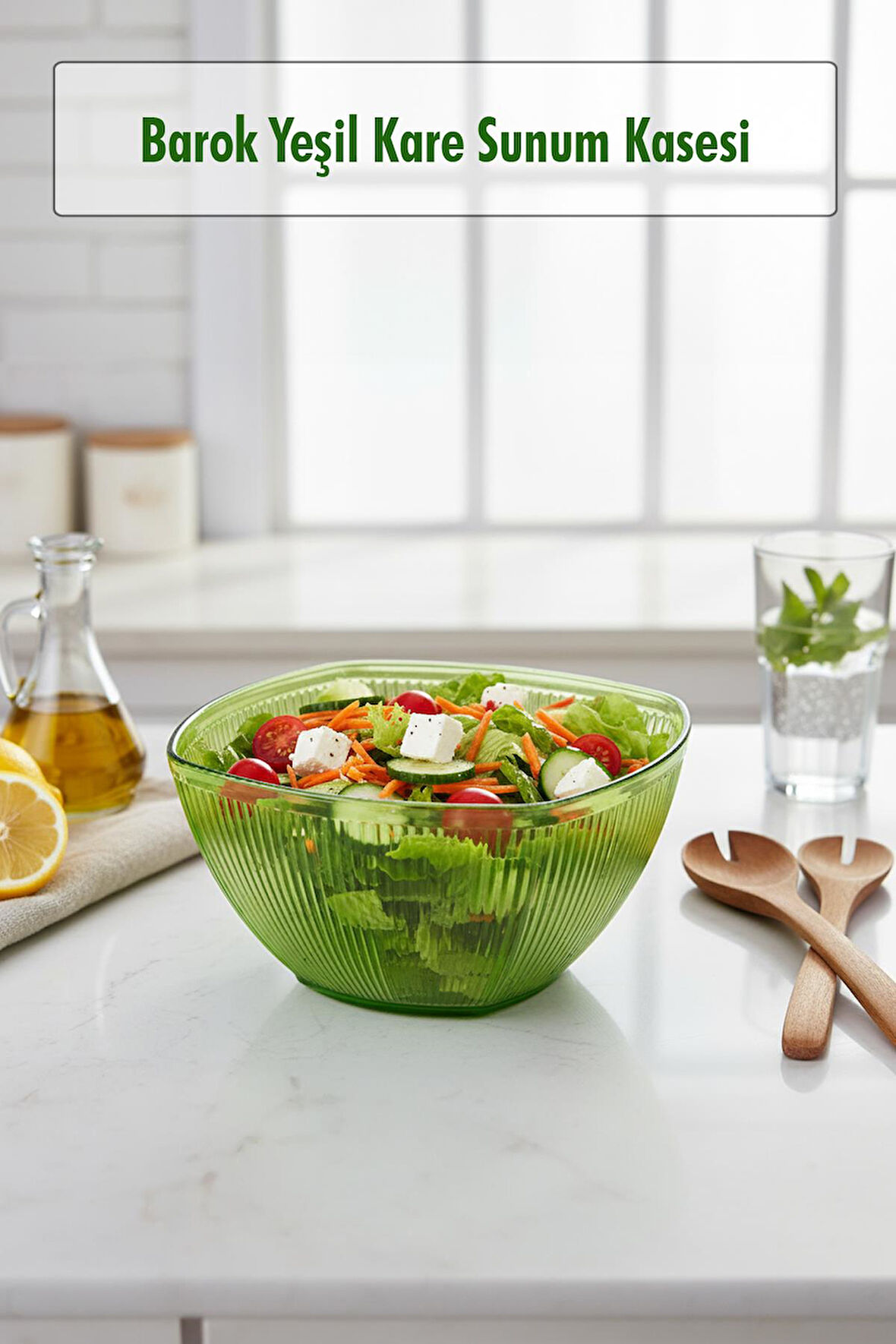 Barok Yeşil Orta Boy Kare Kase & Sunum Kasesi - 1,5 Lt