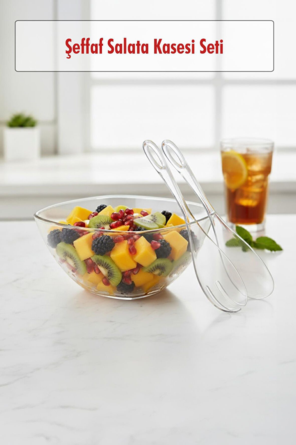 3,5 Lt Şeffaf Akrilik Salata Servis Kasesi ve Çatal Kaşık Seti - 3 Parça