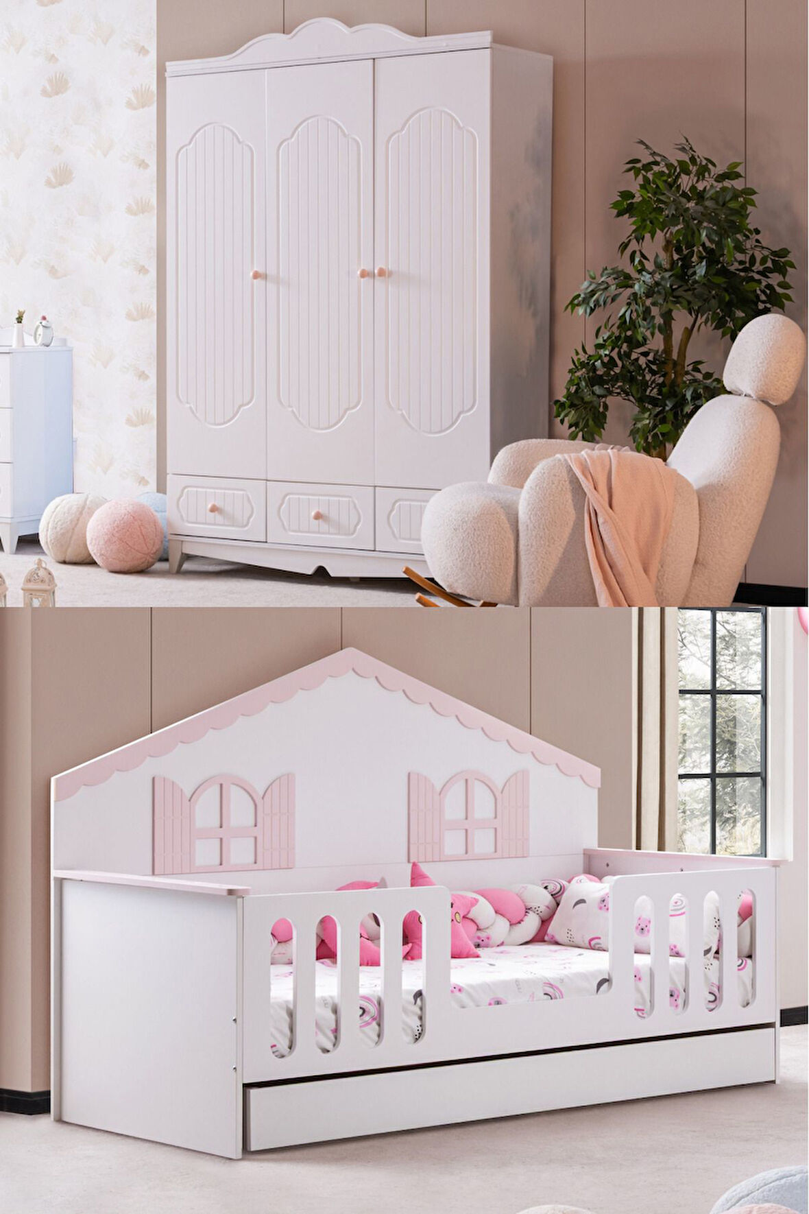 Poli Çocuk Odası Takımı, Poli Yavrulu Karyola, Flower 3 Kapaklı Dolap - Pembe