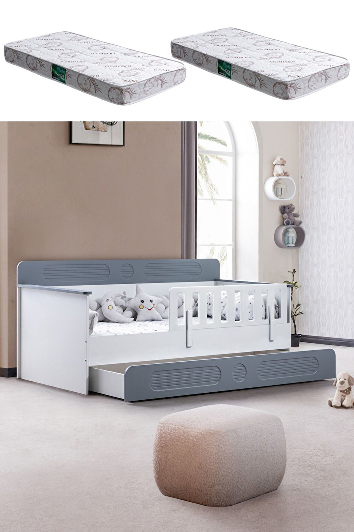 Yavrulu Karyola, Flora Yavrulu Montessori Karyola - Gri + 2 Adet Comfort Yatak