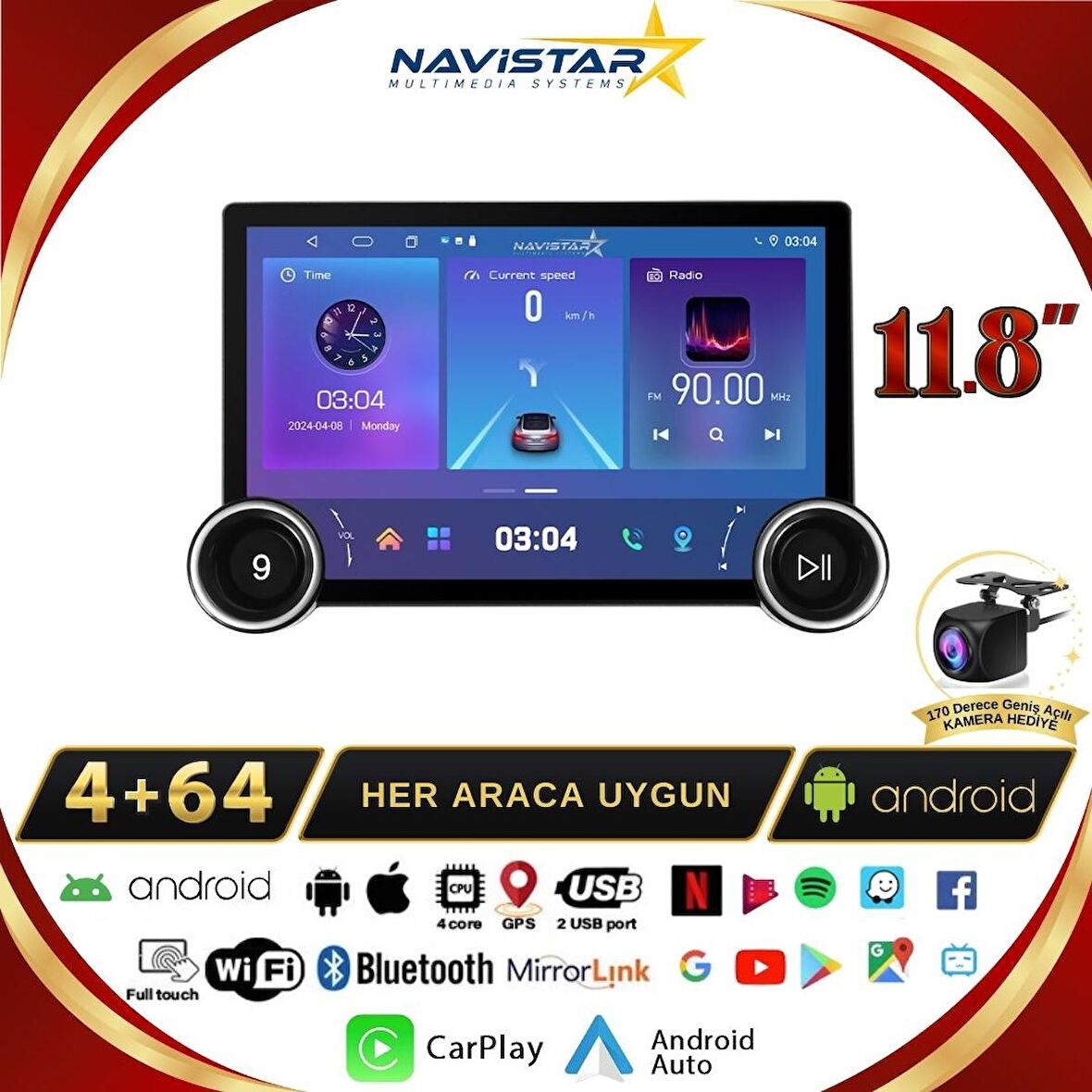 Clio 5 DUAL KNOB 11.8" 2020-2023 Model 4GB + 64GB Android 13 Kablosuz Carplay Navigasyon Multimedya 