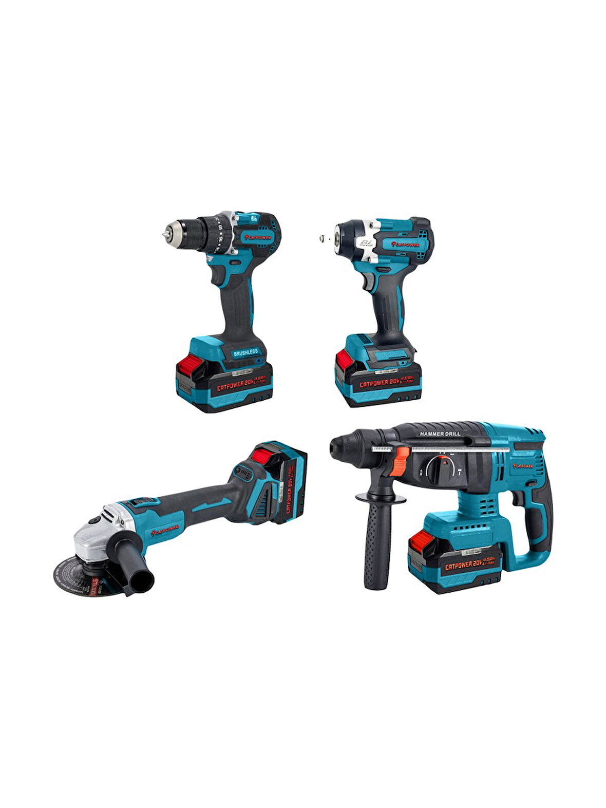 Catpower 1580 Kömürsüz 20V 3x4.0Ah Akülü 4’lü Set - Kırıcı Delici - Avuç Taşlama - Darbeli Vidalama - Somun Sıkma