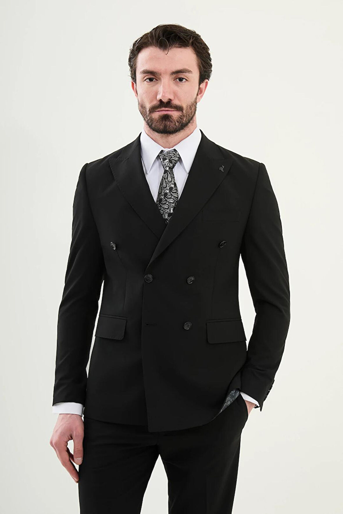 Mcr Düz Slim Fit Geniş Yaka Kruvaze Erkek Takım Elbise 45389