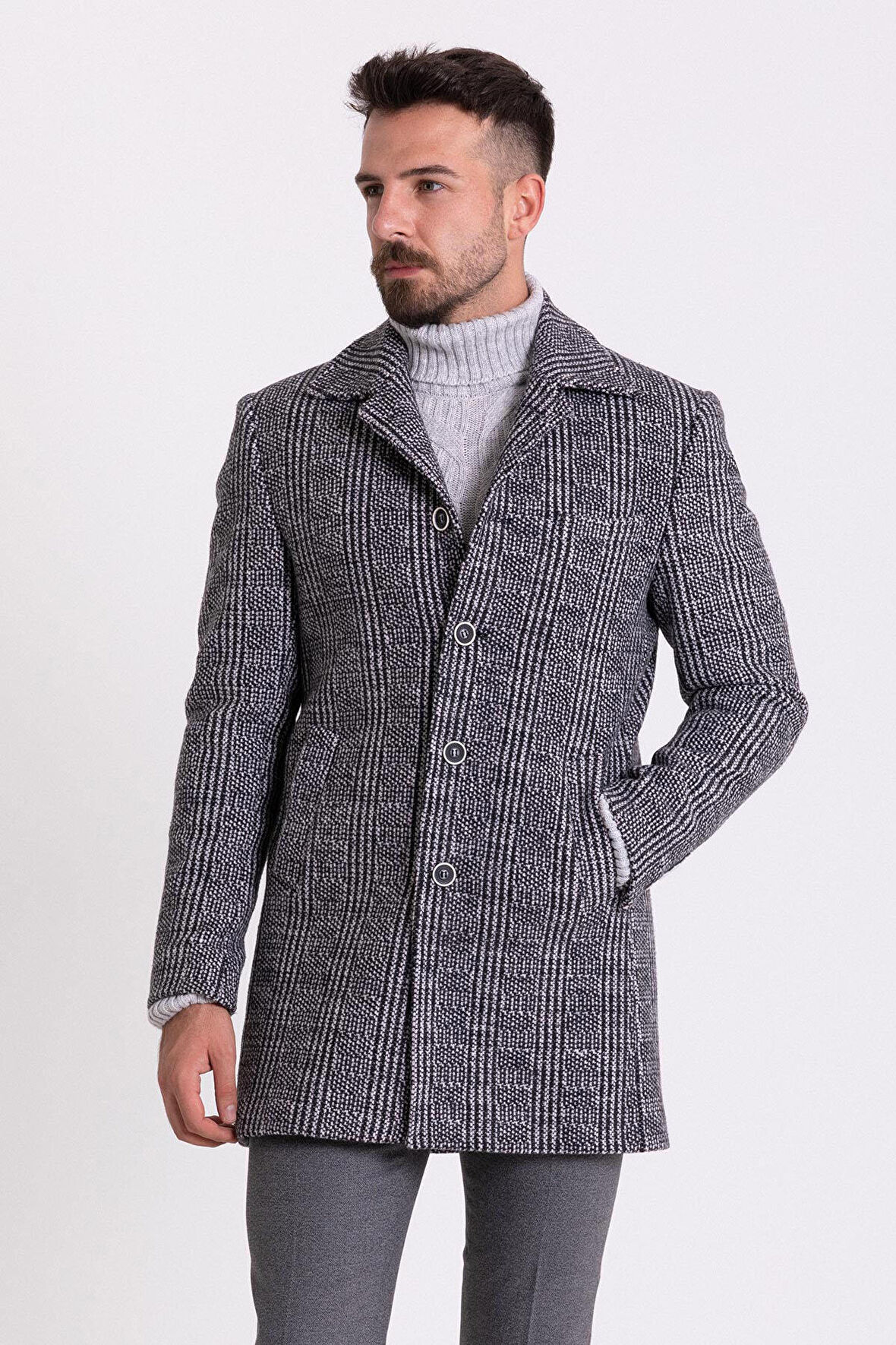Mcr Erkek Desenli Slim Fit Gömlek Yaka Yün Kaban 21225 Siyah