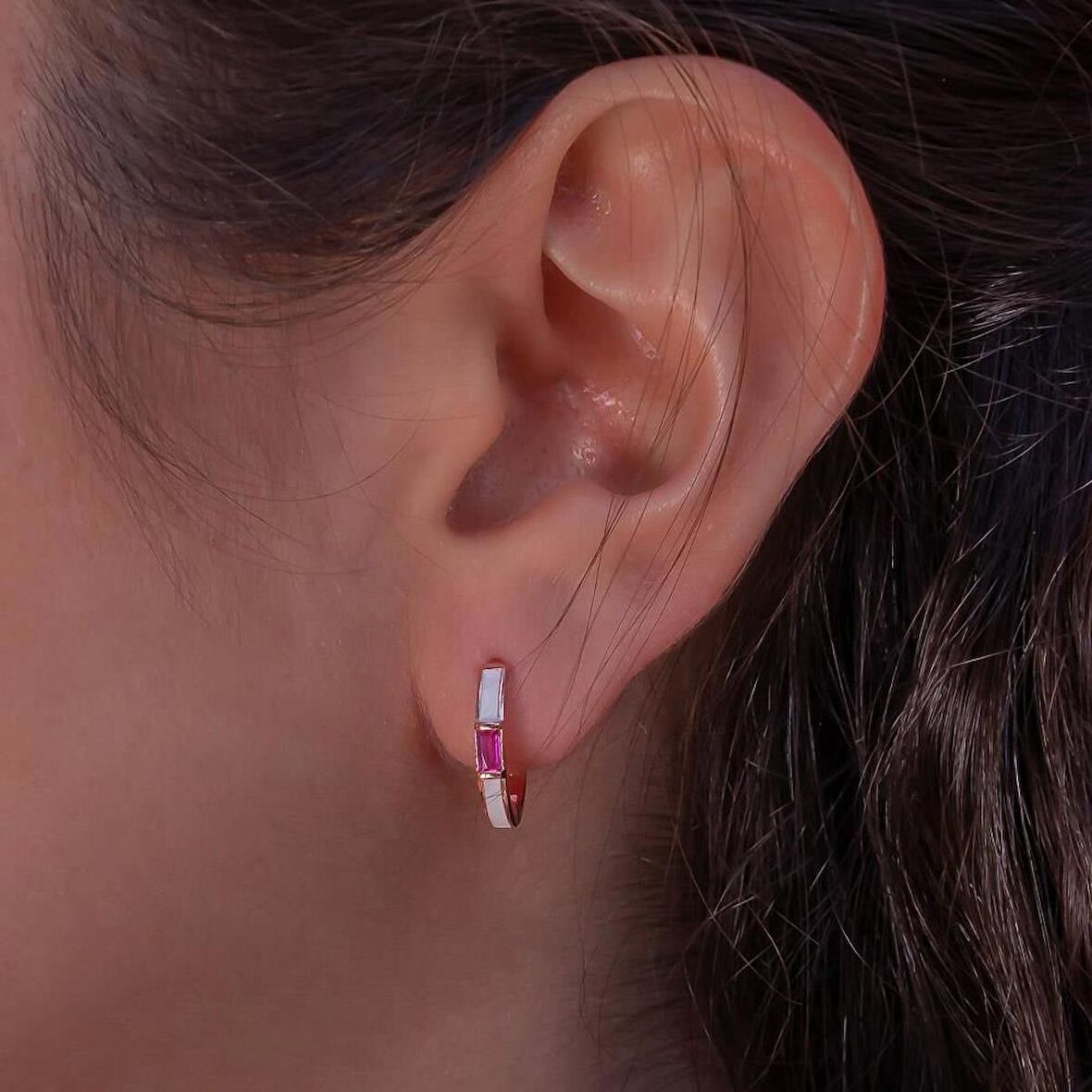 Pembe Baget Taşlı Rose Kaplama 925 Ayar Gümüş Halka Küpe