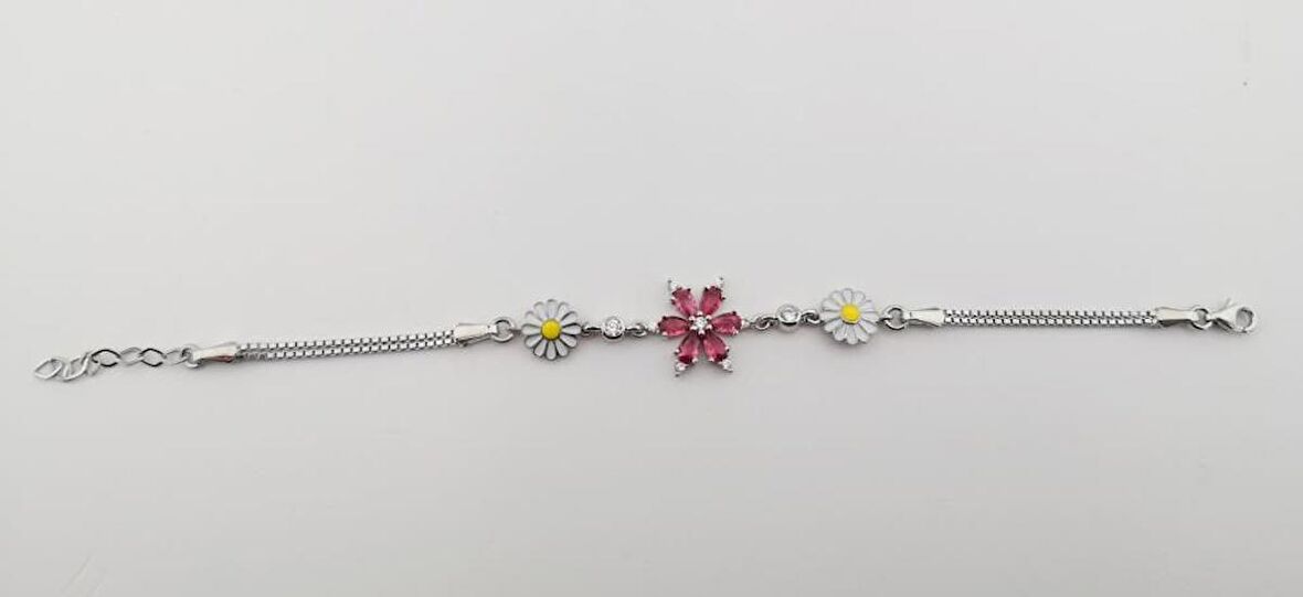 Şık Tasarımlı Papatya ve Pembe Lotus Çiçeği Gümüş Bileklik 17 CM