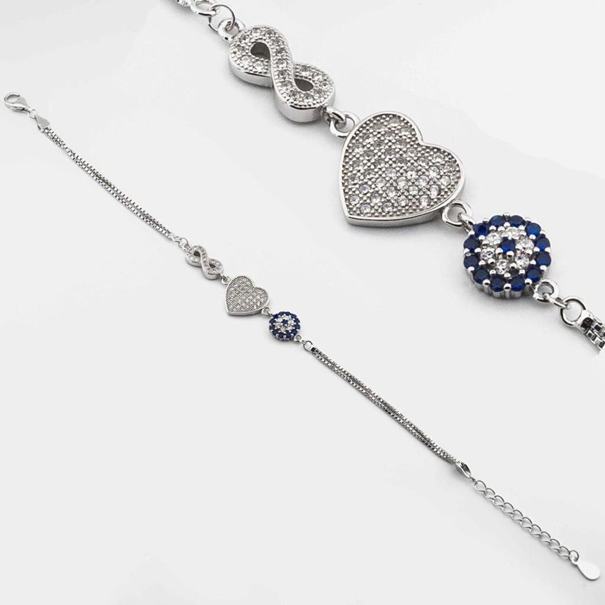 925 Ayar Gümüş Nazar Boncuklu Kalp Sonsuzluk Kadın  Bileklik