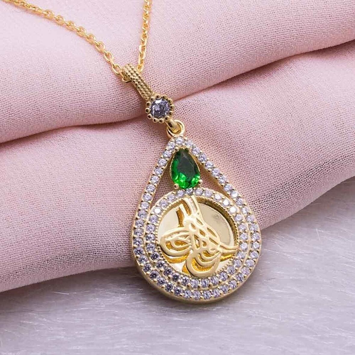925 Ayar Gümüş Altın Kaplama Tuğralı Damla Kolye Model 6