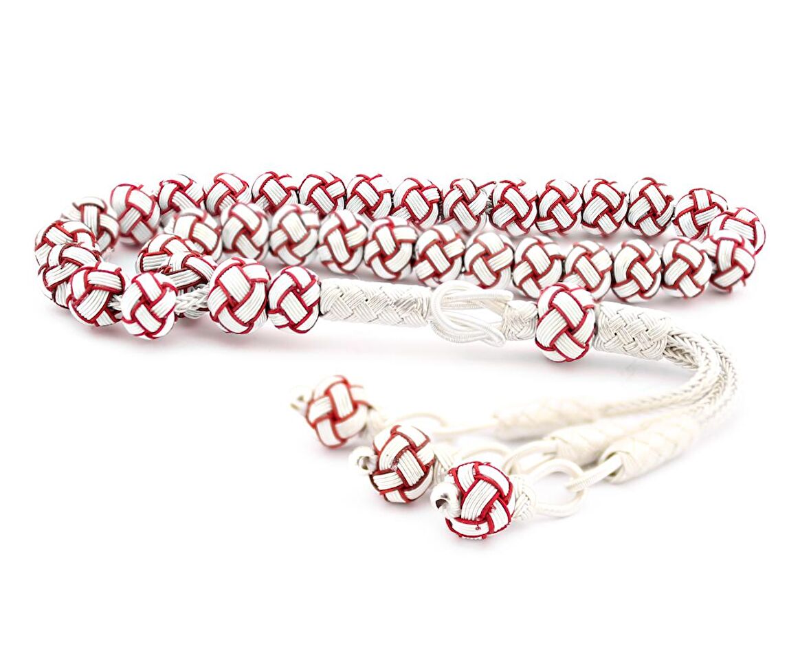 Kırmızı Beyaz Kazaz El Örmesi Bilek Boy Gümüş Tesbih