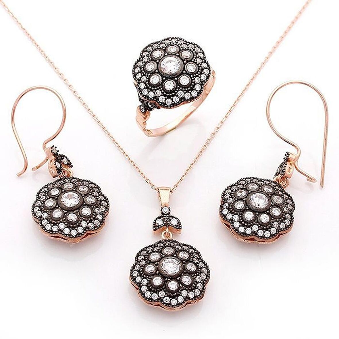925 Ayar Gümüş Zirkon Taşlı Oval Model Rose Set