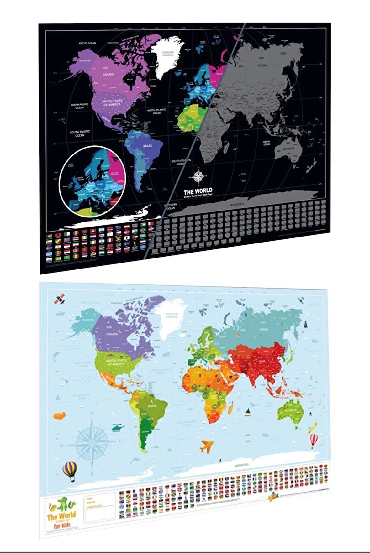 Scratch Map Kazınabilir Dünya Haritası 2’li Klasik Ve Kids Versiyon Büyük Boy Dünya Haritaları