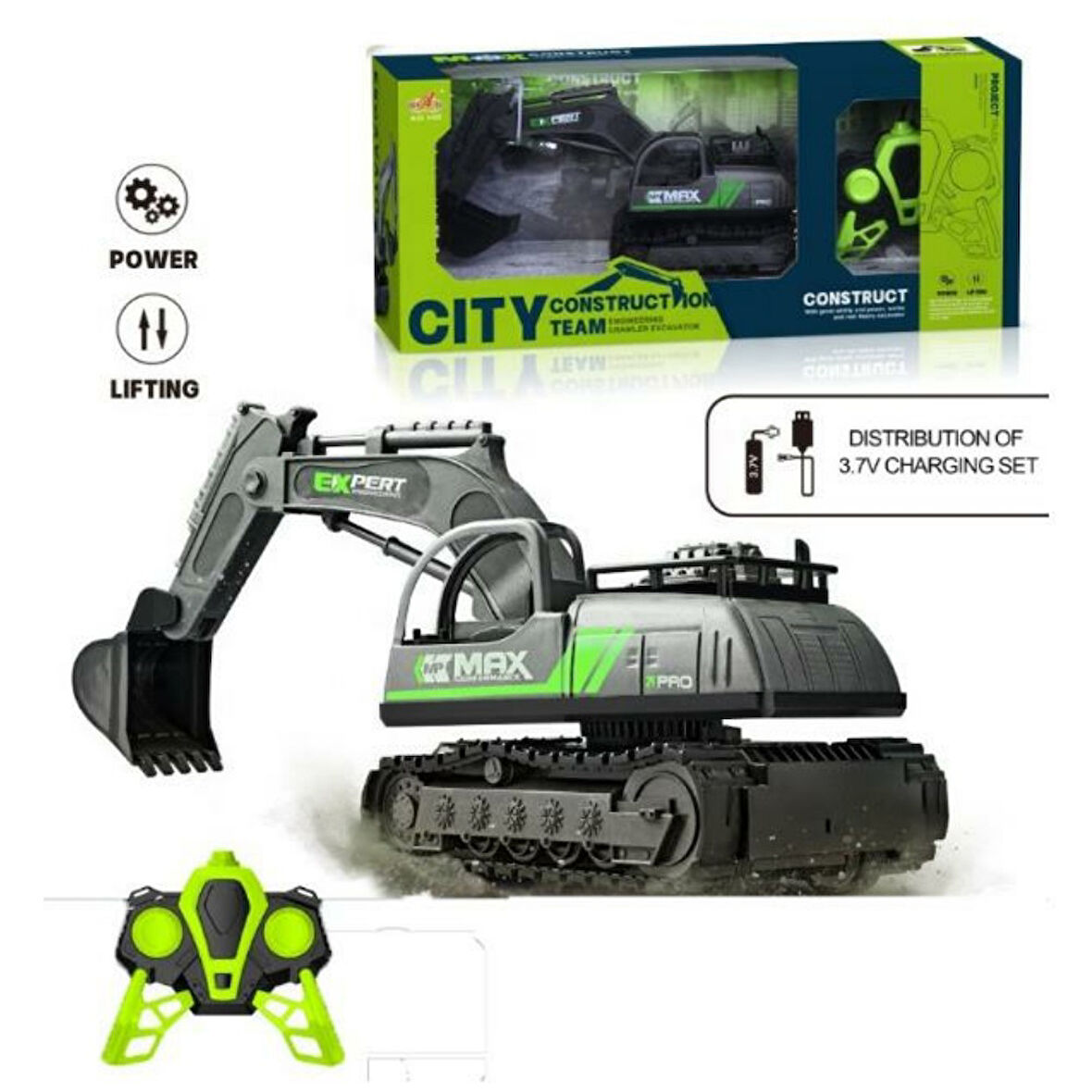 İş Makinaları Serisi - Şarjlı Uzaktan Kumandalı Excavator - Yeşil 