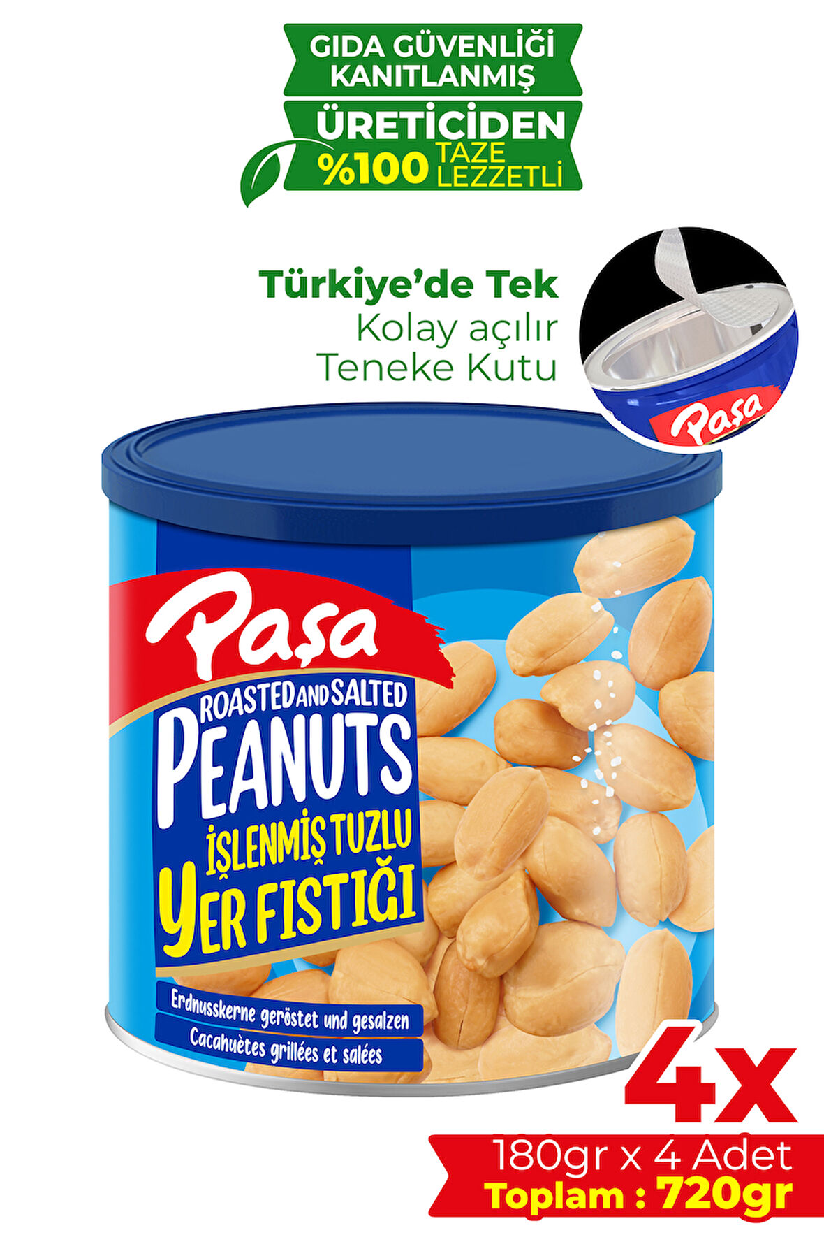 İşlenmiş Yer Fıstığı Teneke Kutu 180 gr x 4 Adet (720 gr)