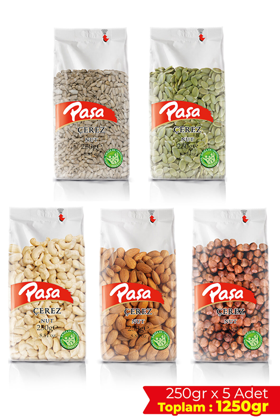 Çiğ Karışık Kuruyemiş 5li Avantaj Paketi 1250 gr, Çiğ Fındık, Çiğ Badem, Çiğ Kaju, İç Kabak, İç Ay Çekirdeği