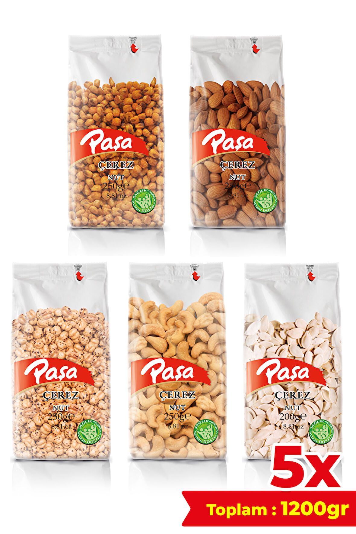 5’li Kavrulmuş Kuruyemiş Paketi 1.2 kg | Soslu Mısır, Badem, Kaju, Leblebi, Kabak Çekirdeği