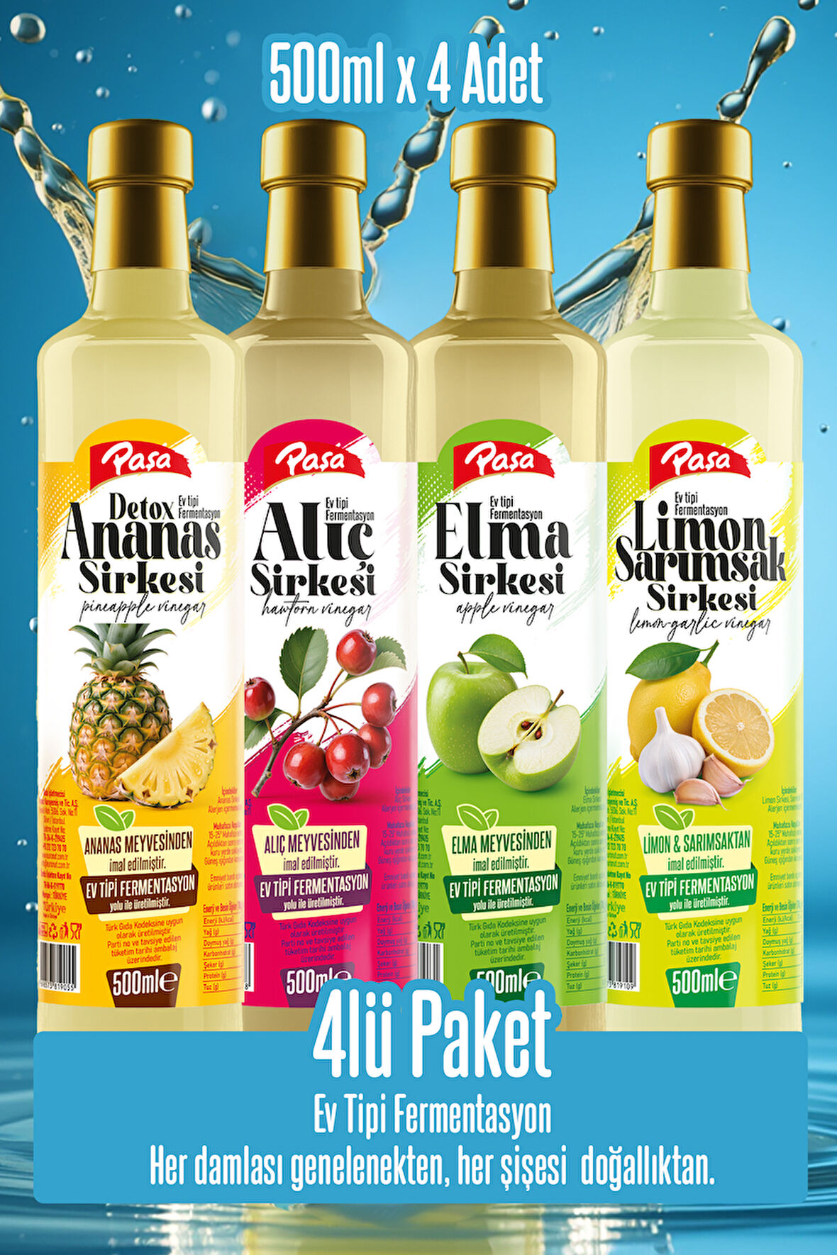Paşa Premium 4’lü Sirke Seti – Detoks Ananas, Elma, Alıç ve Limon Sarımsak Sirkesi