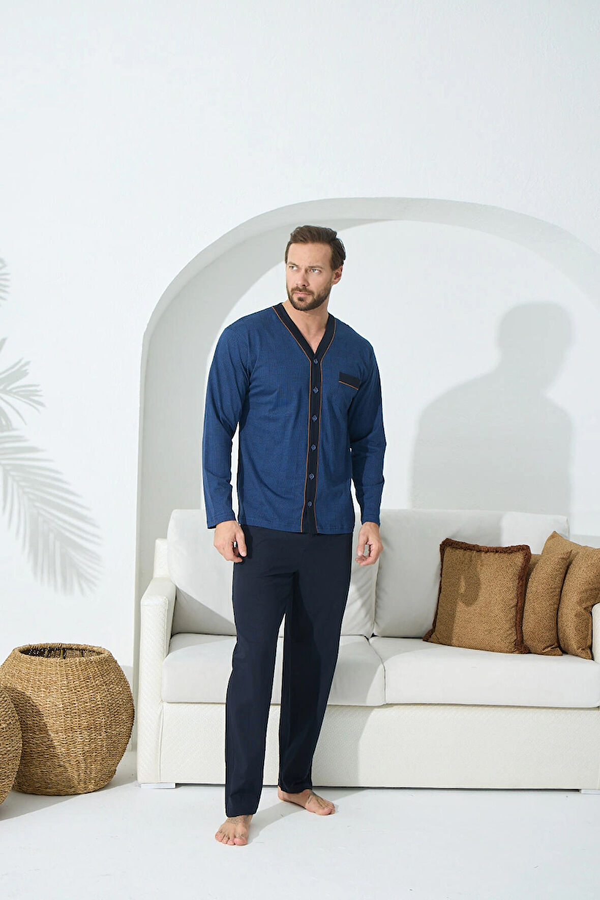 Kly 3XL battal V yaka boydan düğmeli erkek pijama takım indigo renk