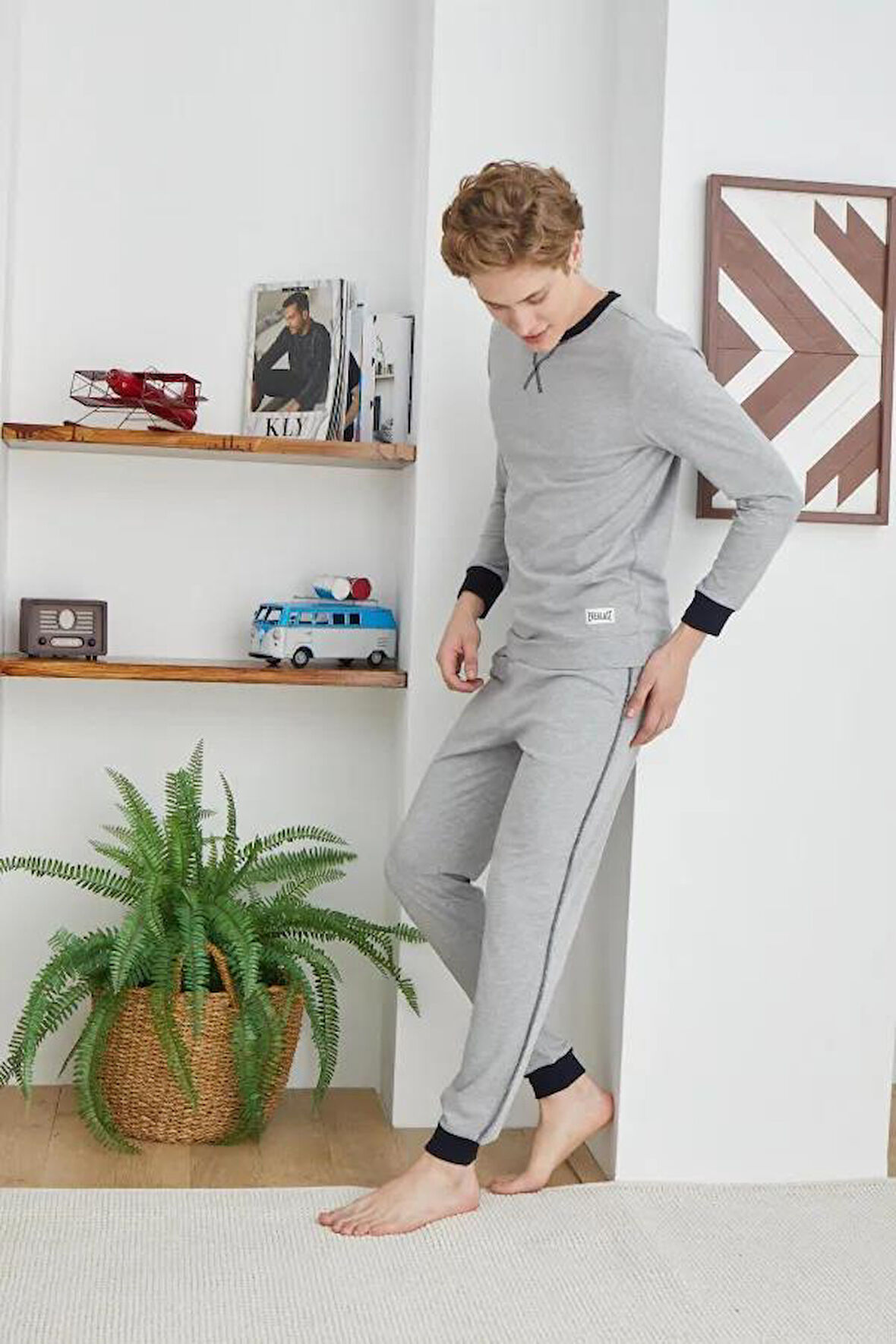 Kly 1034 Gri Pamuklu Yuvarlak Yaka Erkek Pijama Takımı