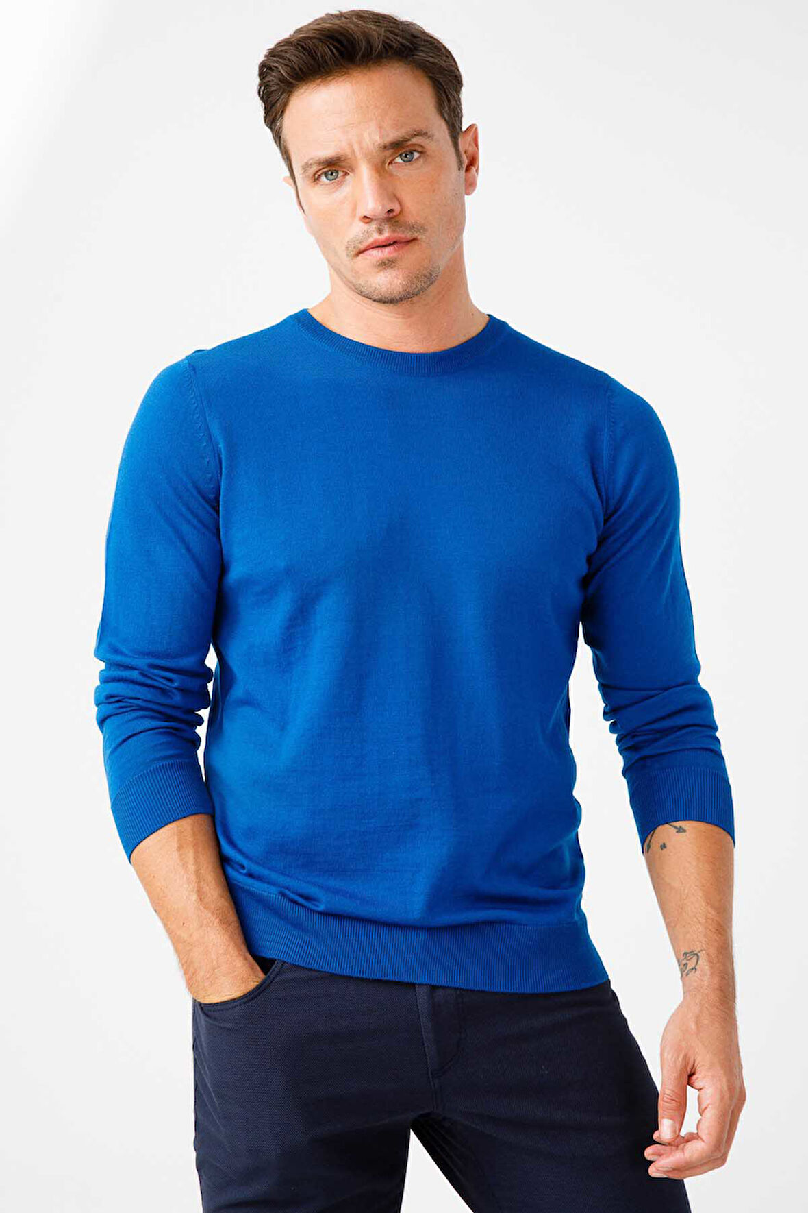 Desen Triko Erkek Basic Sıfır Yaka İnce Triko Kazak 02421603 Saks