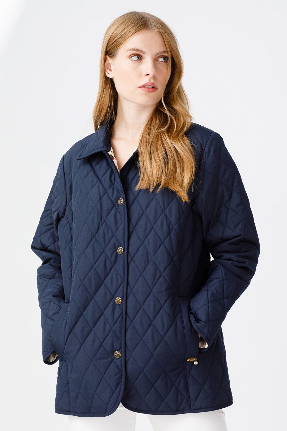 Desen Triko Kadın Kapitone Araboy Ceket 02421433 Lacivert