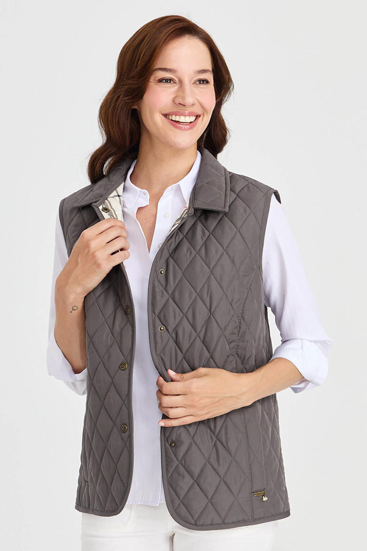 Desen Triko Kadın Kapitone Yelek 02421437 Gri