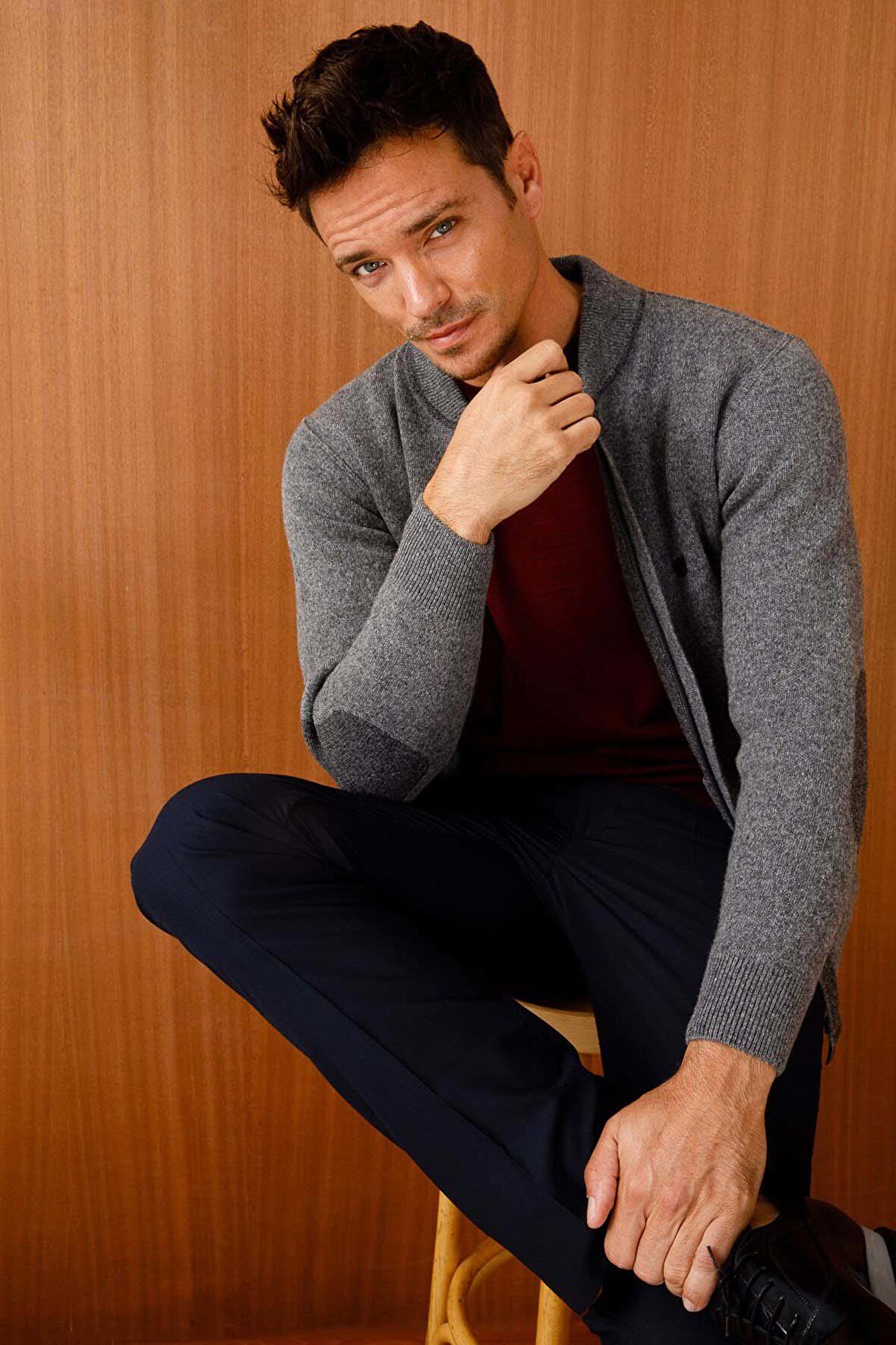 Desen Triko Erkek Pike Dokuma Fermuarlı Cepli Triko Mont 22523 Füme