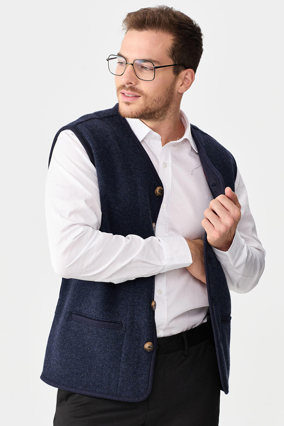 Desen Triko Erkek V Yaka Keçe Aksesuarlı Pike Dokuma Yün Yelek 02422569 Lacivert