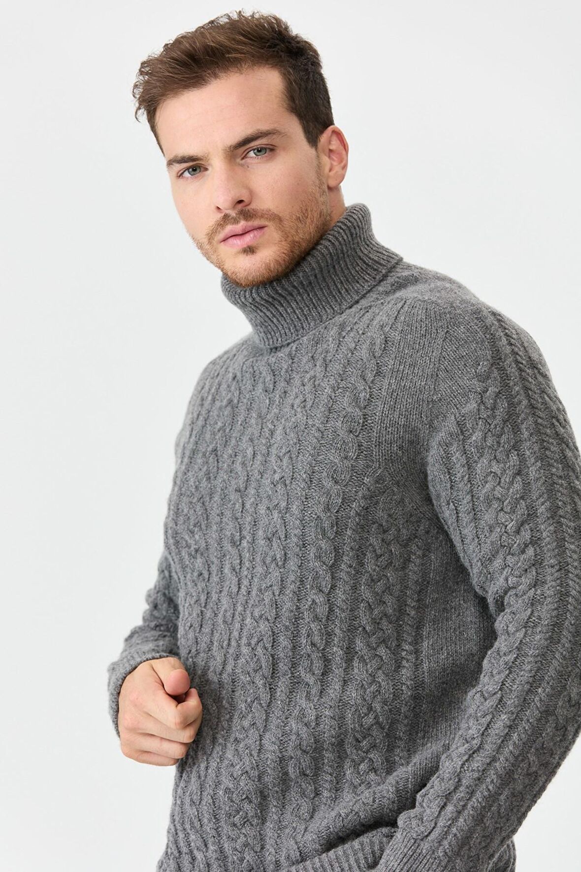 Desen Triko Erkek Balıkçı Yaka Saç Örgülü Yün Kazak 0242589 Füme