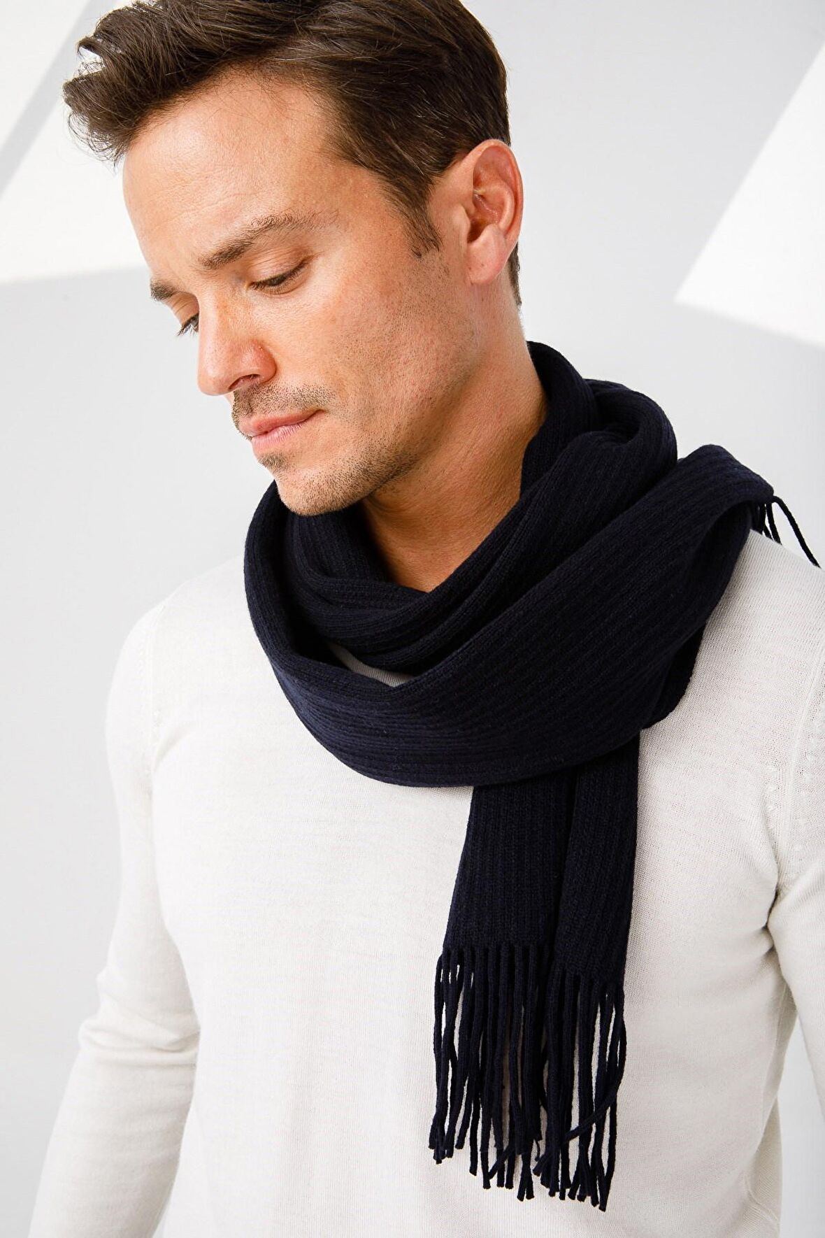 Desen Triko Erkek Düz Yün Kaşkol 22527 Lacivert