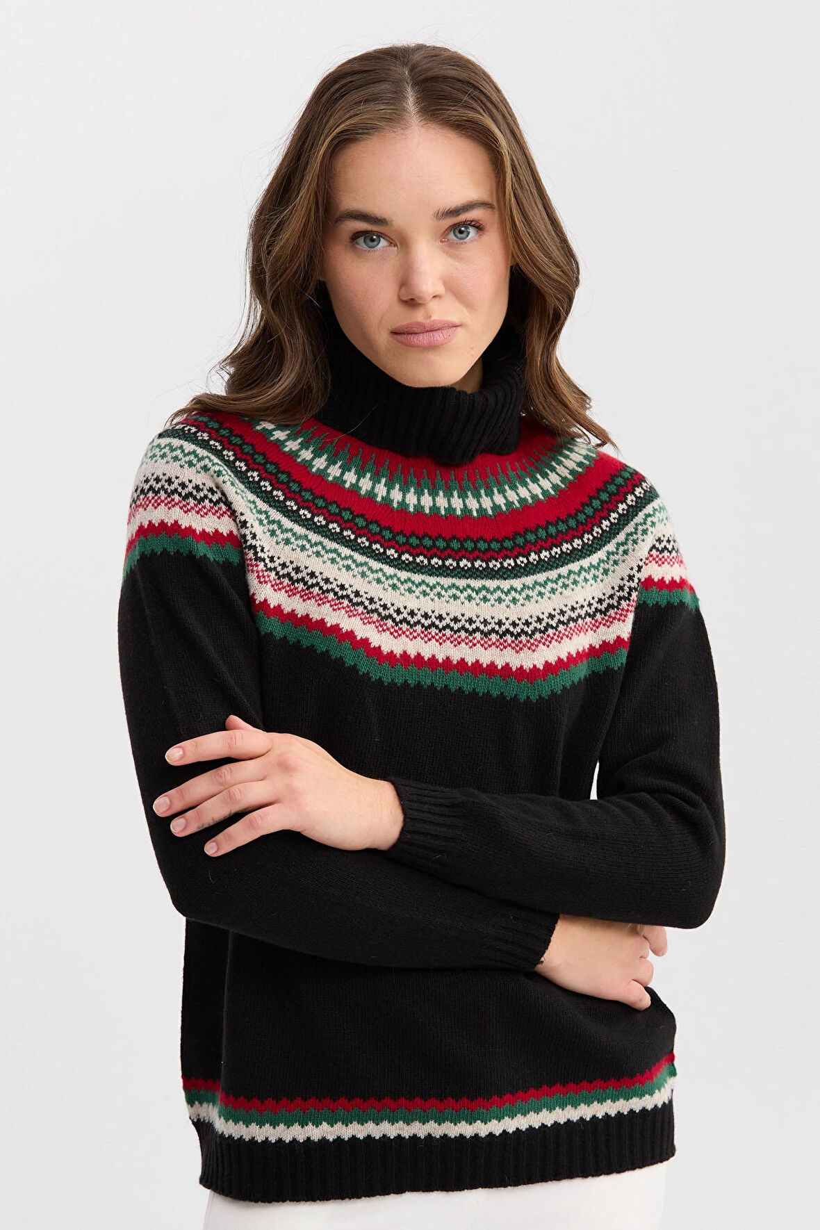 Desen Triko Kadın Tam Balıkçı Yaka Yün Kazak 22087 Siyah