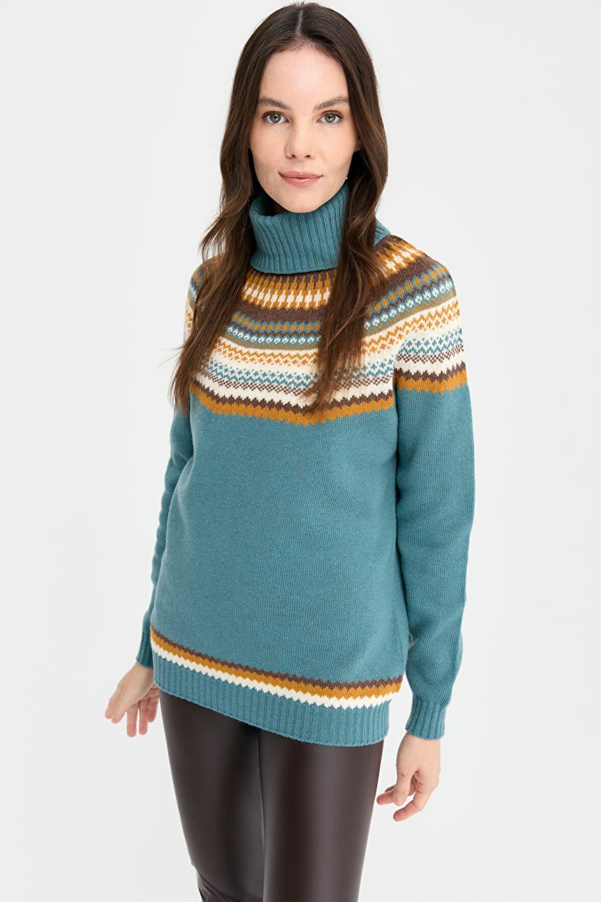 Desen Triko Kadın Tam Balıkçı Yaka Yün Kazak 22087 M. Yeşili