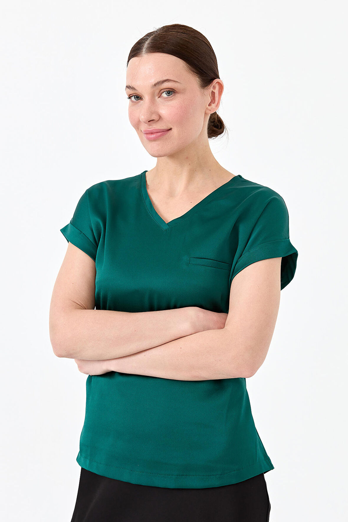 Desen V Yaka Standart Kalıp Kısa Kollu Yeşil Kadın Bluz 23122706