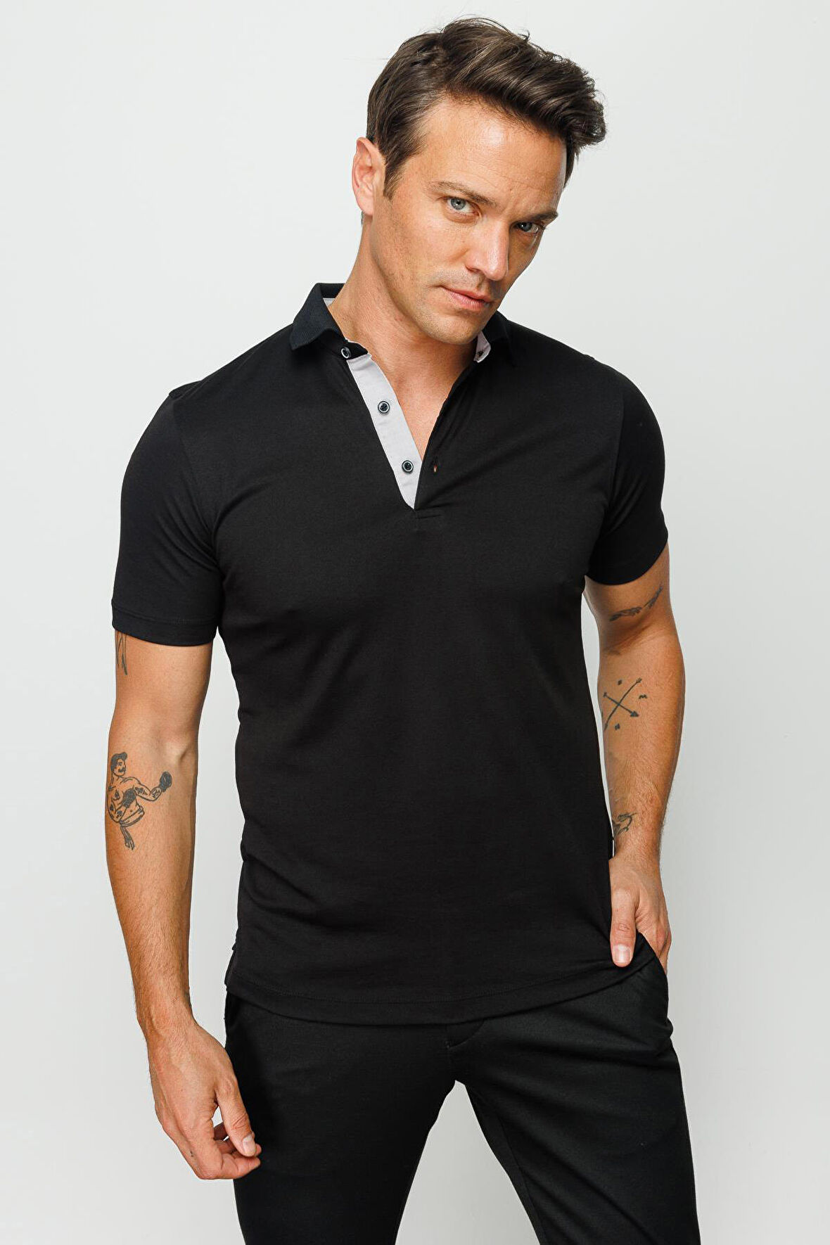 Desen Triko Erkek Polo Yaka T-Shirt 23301 Siyah