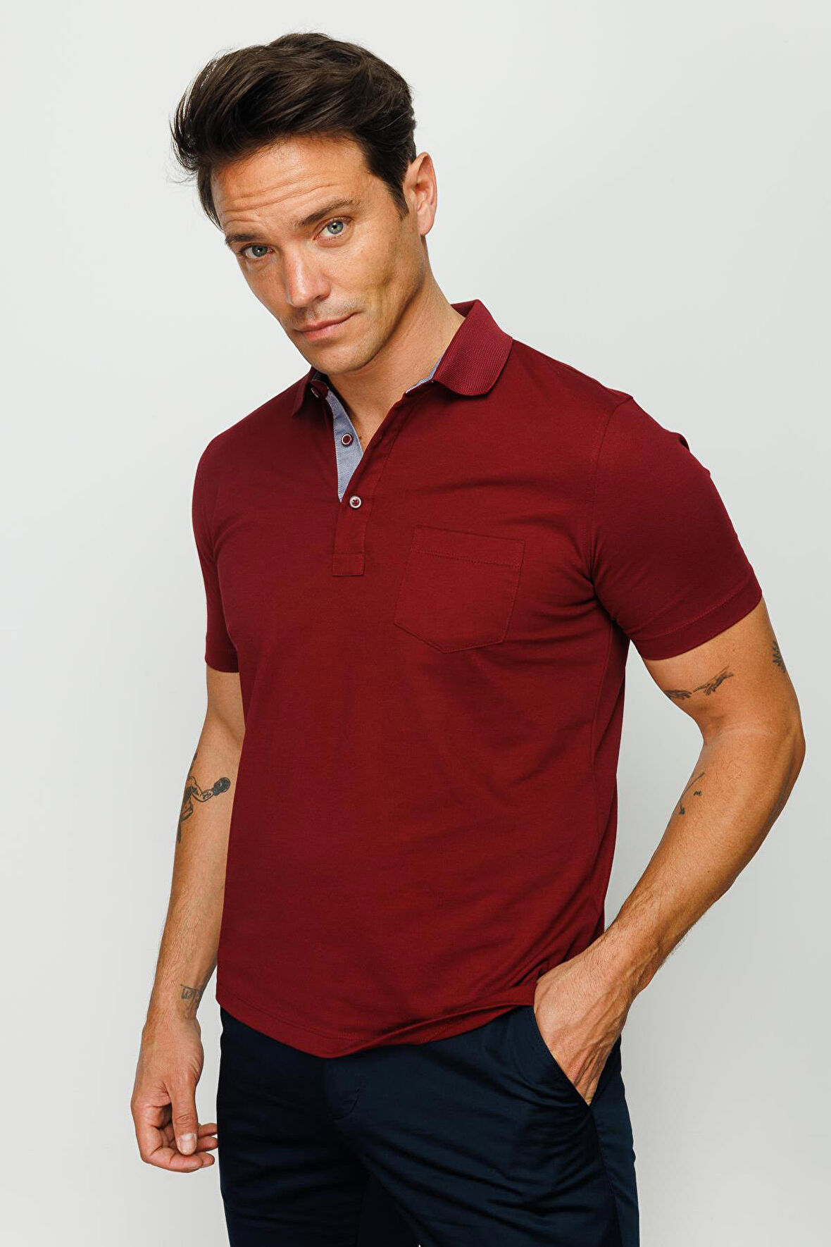 Desen Triko Erkek Polo Yaka Düğmeli Cepli T-Shirt 23201 Bordo