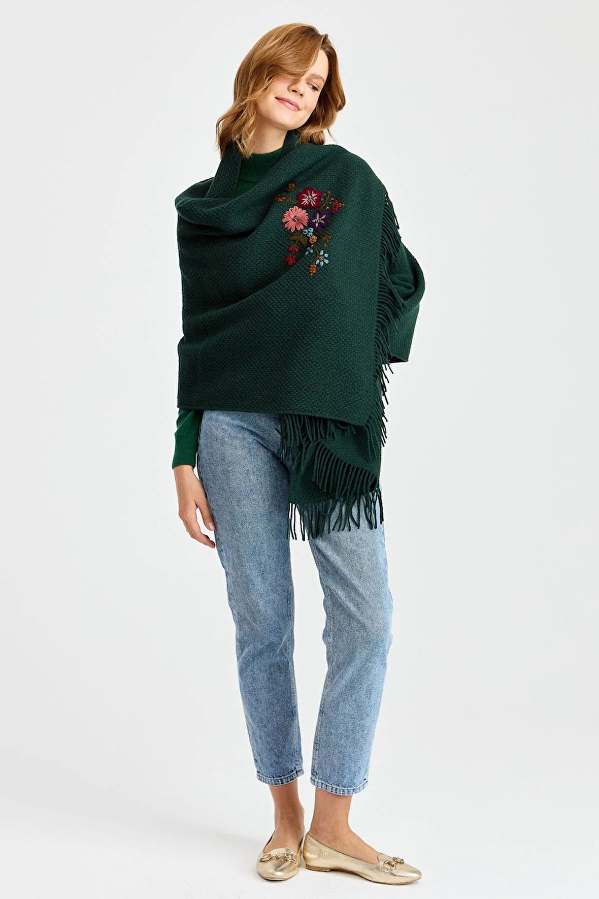 Desen Triko Kadın Triko Pirinç Örgü İşlemeli Yün Şal 23030 Yeşil