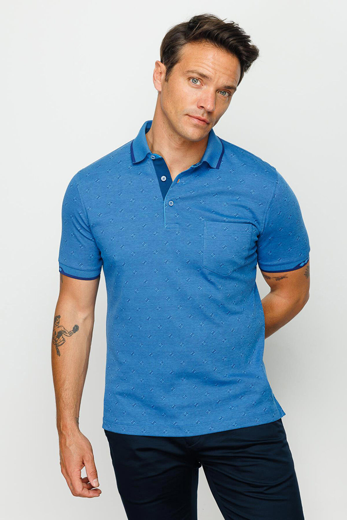 Desen Triko Erkek Polo Yaka Jakarlı T-Shirt 23801 Saks