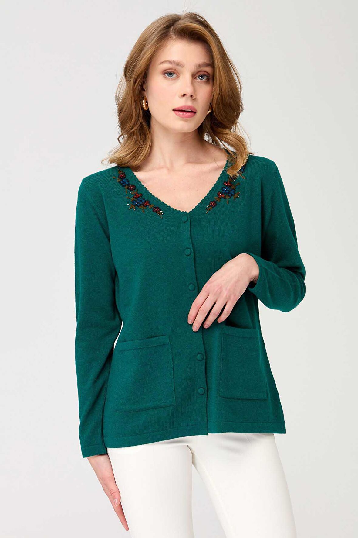 Desen Triko Kadın V Yaka Kenarı Dantel İşlemeli Yün Hırka 23004 K. Ördek Başı