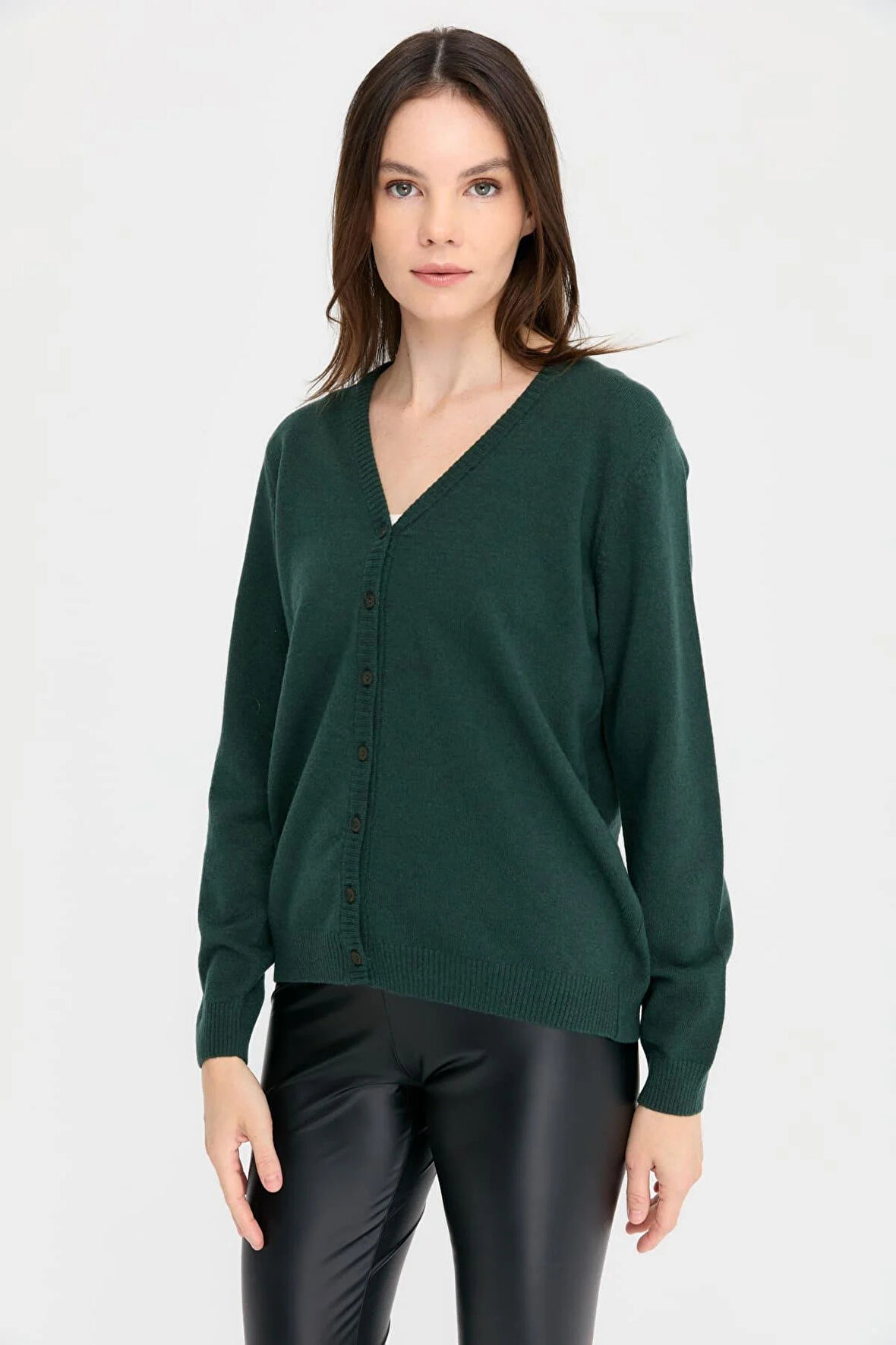 Desen Triko Kadın V Yaka Yün Hırka 21021 Yeşil