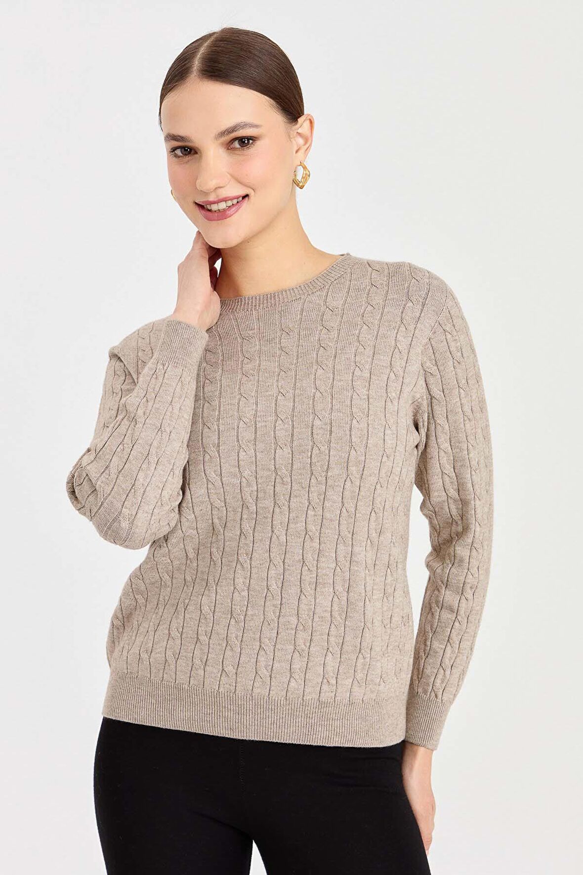 Desen Triko Kadın Sıfır Yaka Saç Örgülü Kazak 3329 Vizon