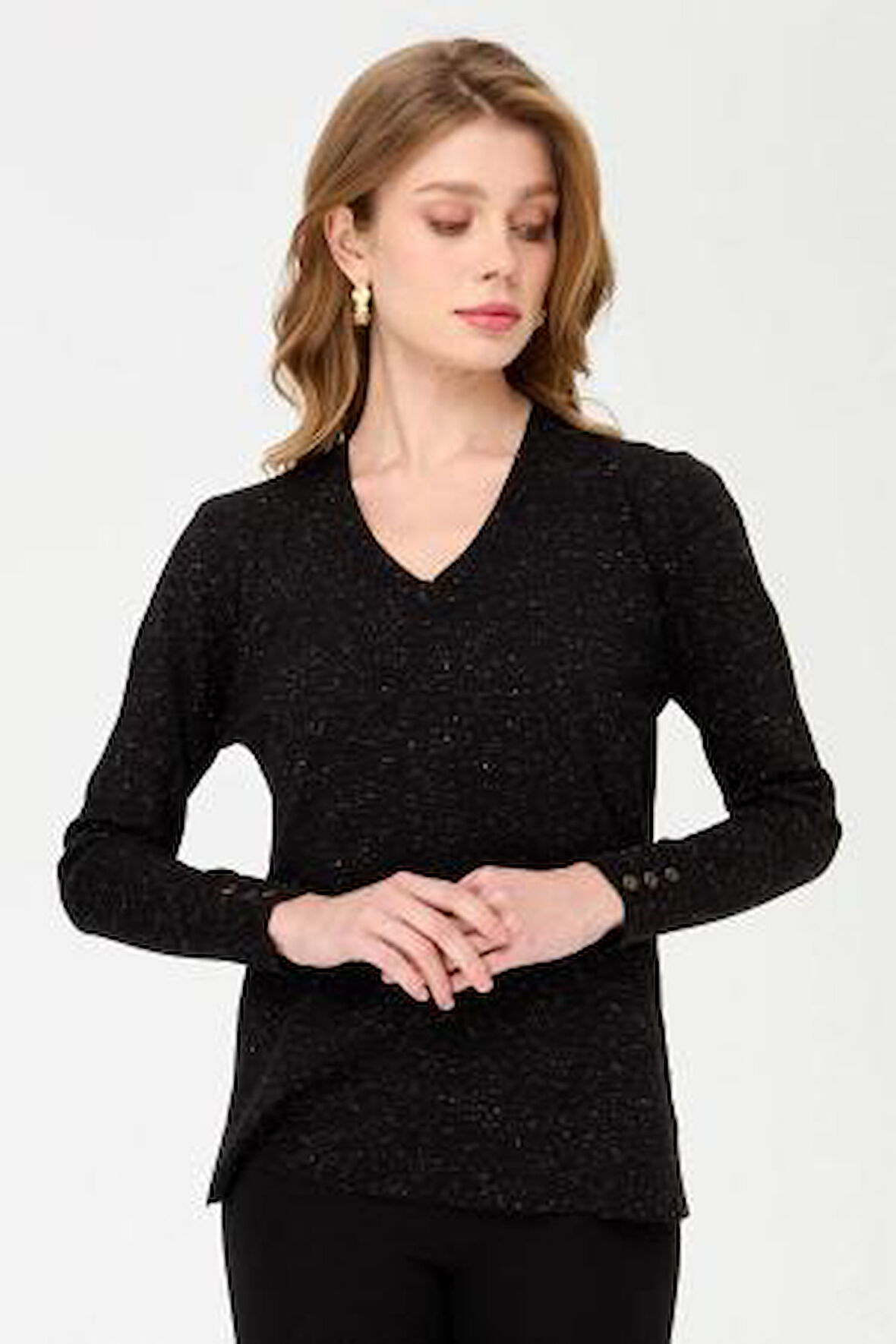 23393 DESEN TLL KOLLARI DÜĞMELİ SİMLİ BYN BLUZ V YAKA