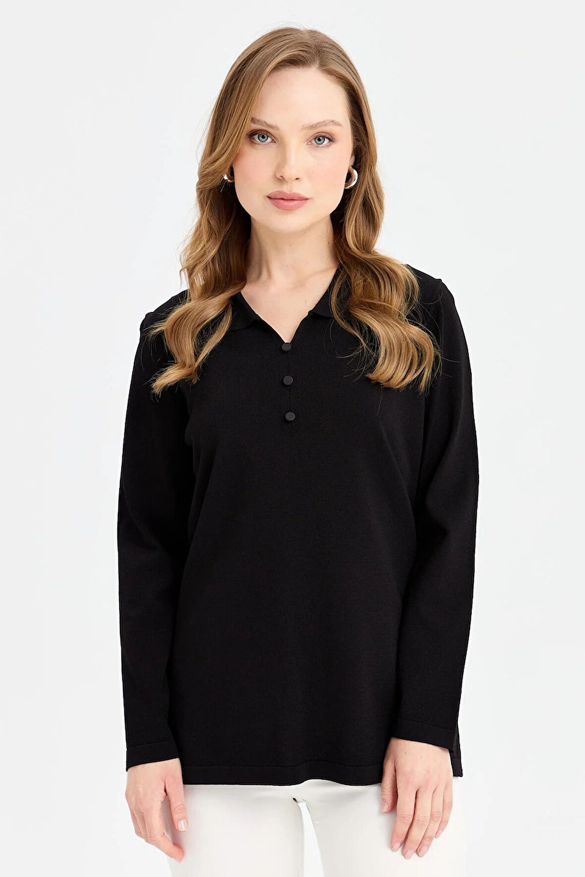 Desen Triko Kadın Polo Yaka İnce Triko Bluz 23355 Siyah