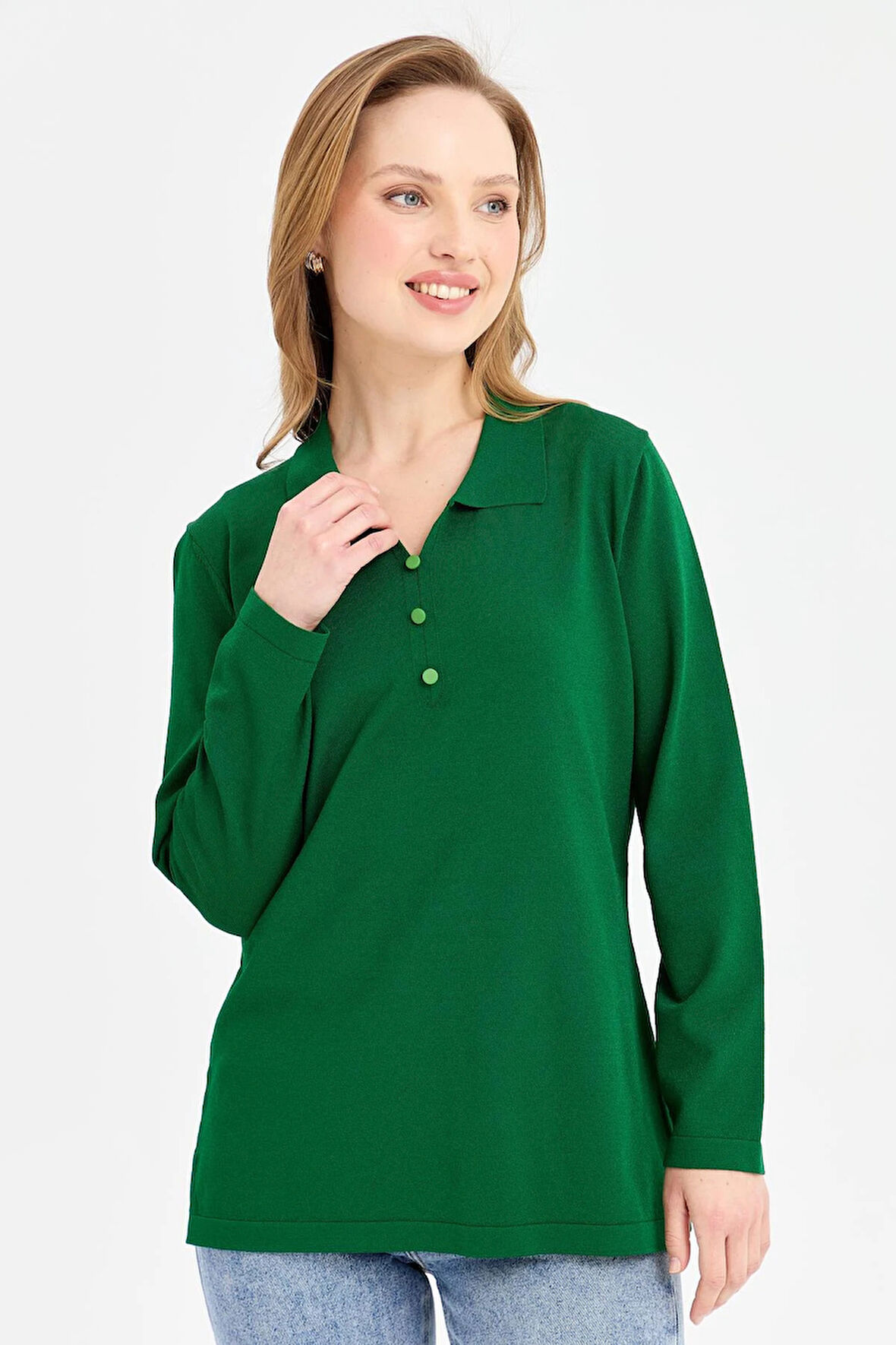Desen Triko Kadın Polo Yaka İnce Triko Bluz 23355 Yeşil